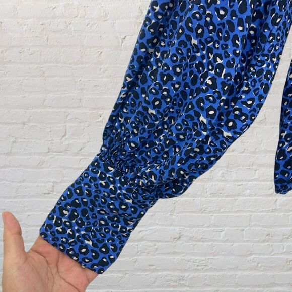 Zara Blue Leopard Print Balloon Sleeve Collared Blouse Oversized Top Size S - Picture 8 of 16